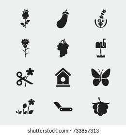 Set Of 12 Editable Gardening Icons. Includes Symbols Such As Lilac, Aubergine, Monarch And More. Can Be Used For Web, Mobile, UI And Infographic Design.