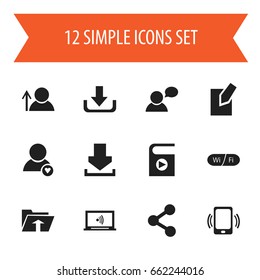 Set Of 12 Editable Global Icons. Includes Symbols Such As Download, Lovely Profile, Monitor And More. Can Be Used For Web, Mobile, UI And Infographic Design.