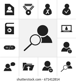 Set Of 12 Editable Global Icons. Includes Symbols Such As Access Allowed, Document, Magnifier And More. Can Be Used For Web, Mobile, UI And Infographic Design.