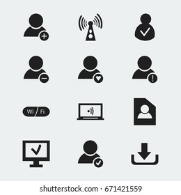 Set Of 12 Editable Global Icons. Includes Symbols Such As Lovely Profile, Error Account, Wifi And More. Can Be Used For Web, Mobile, UI And Infographic Design.
