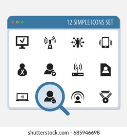 Set Of 12 Editable Global Icons. Includes Symbols Such As Medal, Delete Member, Blocked Person And More. Can Be Used For Web, Mobile, UI And Infographic Design.