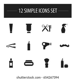 Set Of 12 Editable Hairdresser Icons. Includes Symbols Such As Shave Brush, Window Cleaner, Hair Mousse And More. Can Be Used For Web, Mobile, UI And Infographic Design.