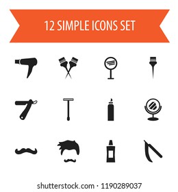 Set of 12 editable hairstylist icons. Includes symbols such as looking-glass, painting tools, shampoo and more. Can be used for web, mobile, UI and infographic design.