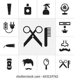 Set Of 12 Editable Hairstylist Icons. Includes Symbols Such As Stubble, Cream, Barber Tools And More. Can Be Used For Web, Mobile, UI And Infographic Design.