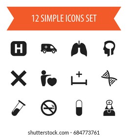 Set Of 12 Editable Health Icons. Includes Symbols Such As Intelligence, Clinic, Respiratory Organ And More. Can Be Used For Web, Mobile, UI And Infographic Design.