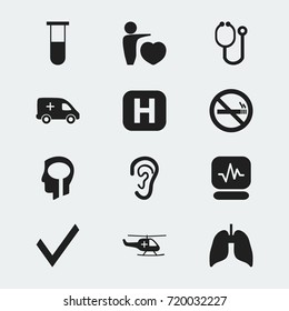 Set Of 12 Editable Health Icons. Includes Symbols Such As Intelligence, Mark, Emergency And More. Can Be Used For Web, Mobile, UI And Infographic Design.