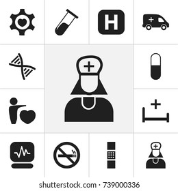 Set Of 12 Editable Health Icons. Includes Symbols Such As Drug, Wound Band, Emergency. Can Be Used For Web, Mobile, UI And Infographic Design.