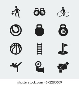 Set Of 12 Editable Healthy Icons. Includes Symbols Such As Heavy Training, Acrobatics, Game Ball And More. Can Be Used For Web, Mobile, UI And Infographic Design.
