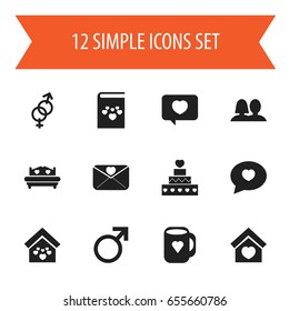 Set Of 12 Editable Heart Icons. Includes Symbols Such As Building, Love Message, Proclamation And More. Can Be Used For Web, Mobile, UI And Infographic Design.