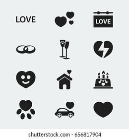 Set Of 12 Editable Heart Icons. Includes Symbols Such As Cake, Soul, Divorce And More. Can Be Used For Web, Mobile, UI And Infographic Design.