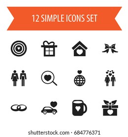 Set Of 12 Editable Heart Icons. Includes Symbols Such As Wedding, Loupe, Gift And More. Can Be Used For Web, Mobile, UI And Infographic Design.