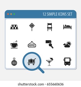 Set Of 12 Editable Holiday Icons. Includes Symbols Such As Cart, Entrance, Cloudy Day And More. Can Be Used For Web, Mobile, UI And Infographic Design.
