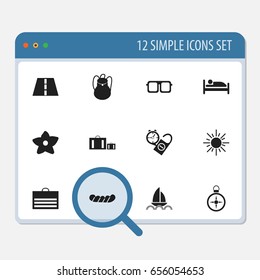 Set Of 12 Editable Holiday Icons. Includes Symbols Such As Bratwurst, Sun, Rest Time And More. Can Be Used For Web, Mobile, UI And Infographic Design.