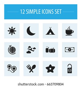 Set Of 12 Editable Holiday Icons. Includes Symbols Such As Crescent, Cutlery, Insolation And More. Can Be Used For Web, Mobile, UI And Infographic Design.