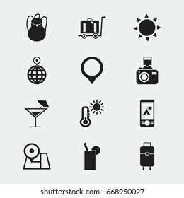 Set Of 12 Editable Holiday Icons. Includes Symbols Such As Snapshot, Solar, Bag And More. Can Be Used For Web, Mobile, UI And Infographic Design.