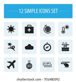 Set Of 12 Editable Holiday Icons. Includes Symbols Such As Chopper, Basin, Tourism And More. Can Be Used For Web, Mobile, UI And Infographic Design.