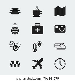 Set Of 12 Editable Holiday Icons. Includes Symbols Such As Watch, Boarding Pass, Pamphlet And More. Can Be Used For Web, Mobile, UI And Infographic Design.