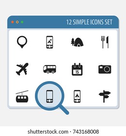 Set Of 12 Editable Holiday Icons. Includes Symbols Such As Fork With Knife, Camera, Road Guidance And More. Can Be Used For Web, Mobile, UI And Infographic Design.