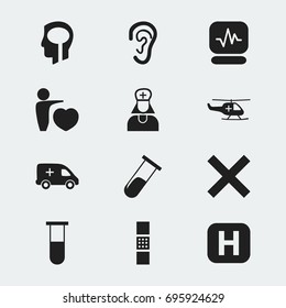 Set Of 12 Editable Hospital Icons. Includes Symbols Such As Test Tube, Emergency, Pulse And More. Can Be Used For Web, Mobile, UI And Infographic Design.