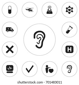 Set Of 12 Editable Hospital Icons. Includes Symbols Such As Listen, Hospital Assistant, Medical Aviation And More. Can Be Used For Web, Mobile, UI And Infographic Design.