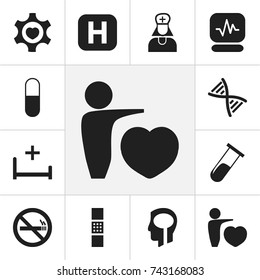 Set Of 12 Editable Hospital Icons. Includes Symbols Such As Human Love, Pulse, Wound Band. Can Be Used For Web, Mobile, UI And Infographic Design.