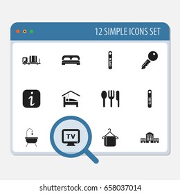 Set Of 12 Editable hotel Icons. Includes Symbols Such As Door Closed, Monitor, Unblock Access And More. Can Be Used For Web, Mobile, UI And Infographic Design.