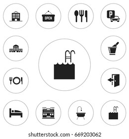 Set Of 12 Editable Hotel Icons. Includes Symbols Such As Restaurant, Hostel, Champagne And More. Can Be Used For Web, Mobile, UI And Infographic Design.