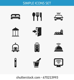 Set Of 12 Editable Hotel Icons. Includes Symbols Such As Service Bell, Bed, Trolley And More. Can Be Used For Web, Mobile, UI And Infographic Design.