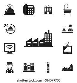 Set Of 12 Editable Hotel Icons. Includes Symbols Such As Wireless Tv, Phone, Fortress And More. Can Be Used For Web, Mobile, UI And Infographic Design.
