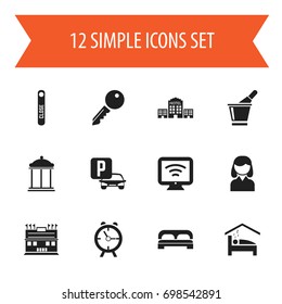 Set Of 12 Editable Hotel Icons. Includes Symbols Such As Wireless Tv, Bedroom, Female And More. Can Be Used For Web, Mobile, UI And Infographic Design.