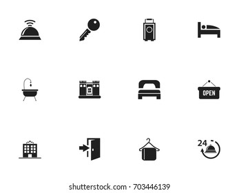 Set Of 12 Editable Hotel Icons. Includes Symbols Such As Opened Placard, Entry, Unblock Access And More. Can Be Used For Web, Mobile, UI And Infographic Design.