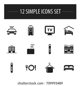 Set Of 12 Editable Hotel Icons. Includes Symbols Such As Pool, Bedroom, Baggage And More. Can Be Used For Web, Mobile, UI And Infographic Design.