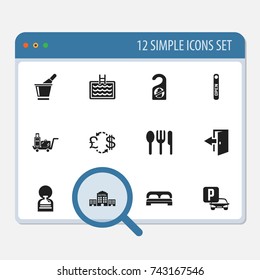 Set Of 12 Editable Hotel Icons. Includes Symbols Such As Concierge, Tourism, Restaurant And More. Can Be Used For Web, Mobile, UI And Infographic Design.