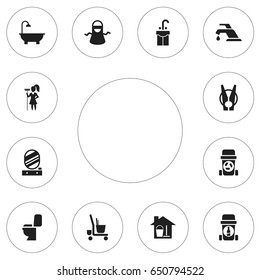 Set Of 12 Editable Hygiene Icons. Includes Symbols Such As Rubbish Container, Kitchen Clothing, Glassware Recycling And More. Can Be Used For Web, Mobile, UI And Infographic Design.