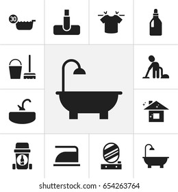 Set Of 12 Editable Hygiene Icons. Includes Symbols Such As Glassware Recycling, Hoover, Cleaning Kit And More. Can Be Used For Web, Mobile, UI And Infographic Design.