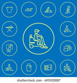 Set Of 12 Editable Hygiene Outline Icons. Includes Symbols Such As Hanging Rope, Hoover, Worker And More. Can Be Used For Web, Mobile, UI And Infographic Design.