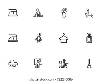 Set Of 12 Editable Hygiene Outline Icons. Includes Symbols Such As Vacuum Cleaner, Trolley, Fluid Soap And More. Can Be Used For Web, Mobile, UI And Infographic Design.