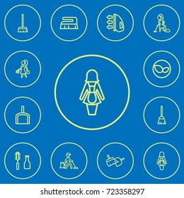 Set Of 12 Editable Hygiene Outline Icons. Includes Symbols Such As Leaves, Scoop, Sweeping Tools And More. Can Be Used For Web, Mobile, UI And Infographic Design.