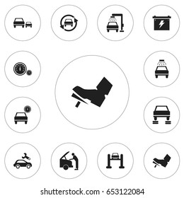 Set Of 12 Editable  Icons. Includes Symbols Such As Race, Battery, Automotive Fix And More. Can Be Used For Web, Mobile, UI And Infographic Design.