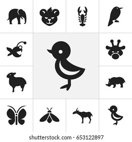 Set Of 12 Editable  Icons. Includes Symbols Such As Bird, Camelopard, Lamb And More. Can Be Used For Web, Mobile, UI And Infographic Design.