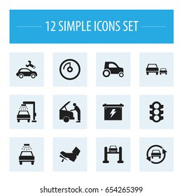 Set Of 12 Editable  Icons. Includes Symbols Such As Auto Service, Stoplight, Vehicle Car And More. Can Be Used For Web, Mobile, UI And Infographic Design.