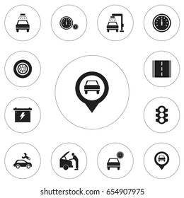 Set Of 12 Editable  Icons. Includes Symbols Such As Automobile, Speed Control, Stoplight And More. Can Be Used For Web, Mobile, UI And Infographic Design.