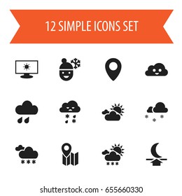 Set Of 12 Editable  Icons. Includes Symbols Such As Boy In Winter, Covered With Snow, Pinpoint And More. Can Be Used For Web, Mobile, UI And Infographic Design.
