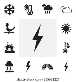 Set Of 12 Editable  Icons. Includes Symbols Such As Breeze Direction, Thunder, Sunlight And More. Can Be Used For Web, Mobile, UI And Infographic Design.
