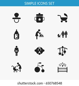 Set Of 12 Editable Infant Icons. Includes Symbols Such As Changing Cloth Infant, Nursing Bottle, Tricycle And More. Can Be Used For Web, Mobile, UI And Infographic Design.