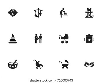 Set Of 12 Editable Infant Icons. Includes Symbols Such As Tower, Adorn, Carriage And More. Can Be Used For Web, Mobile, UI And Infographic Design.