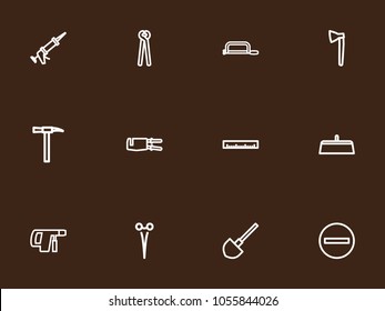 Set of 12 editable instrument icons line style. Includes symbols such as spanner, tongs, scraper and more. Can be used for web, mobile, UI and infographic design.