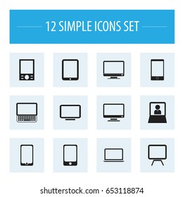 Set Of 12 Editable Instrument Icons. Includes Symbols Such As Notebook, Smartphone, Music Phone And More. Can Be Used For Web, Mobile, UI And Infographic Design.