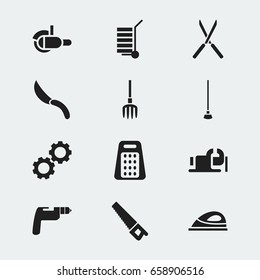 Set Of 12 Editable Instrument Icons. Includes Symbols Such As Cogwheel, Equipment, Mincing Machine And More. Can Be Used For Web, Mobile, UI And Infographic Design.