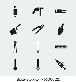 Set Of 12 Editable Instrument Icons. Includes Symbols Such As Skimmer, Shovel, Pipe Wrench And More. Can Be Used For Web, Mobile, UI And Infographic Design.